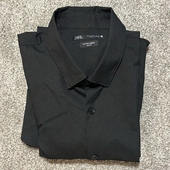 New ZARA Black Active Fabric Slim Fit Long Sleeve Button Down Shirt XL Poly - Picture 1 of 9